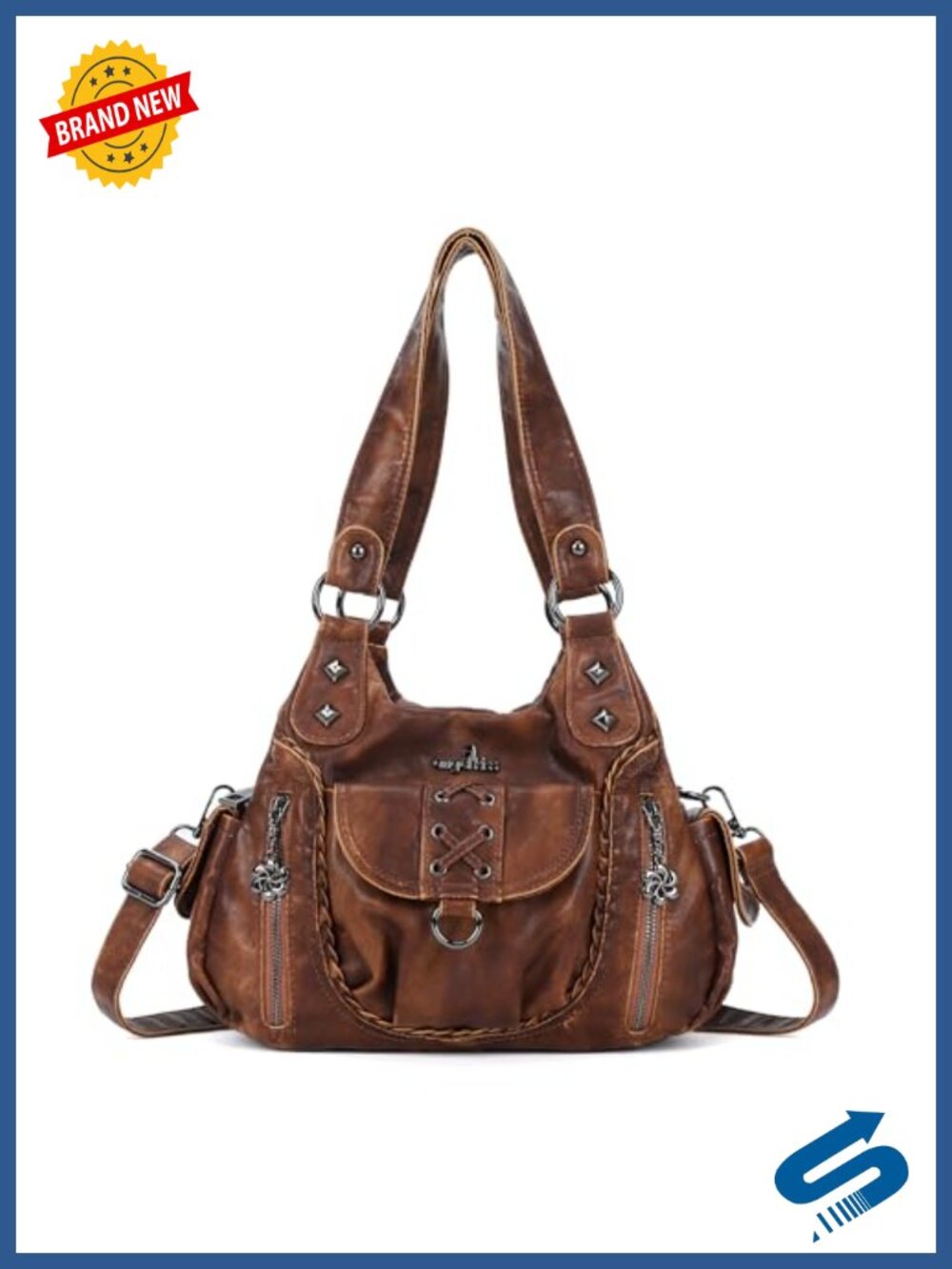 Washed Vegan Leather Hobo Crossbody Bag Multi-Pocket Studded Purse